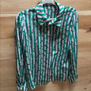 Alice + Olivia Green and White Striped Cocktail Print Blouse